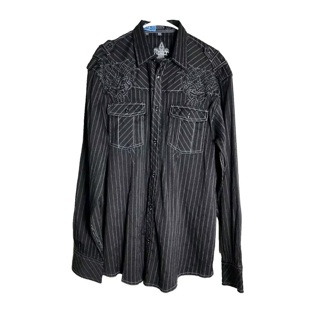 ROAR Button Down Dress Shirt Size XL Black Striped Embroidered Long Sleeve